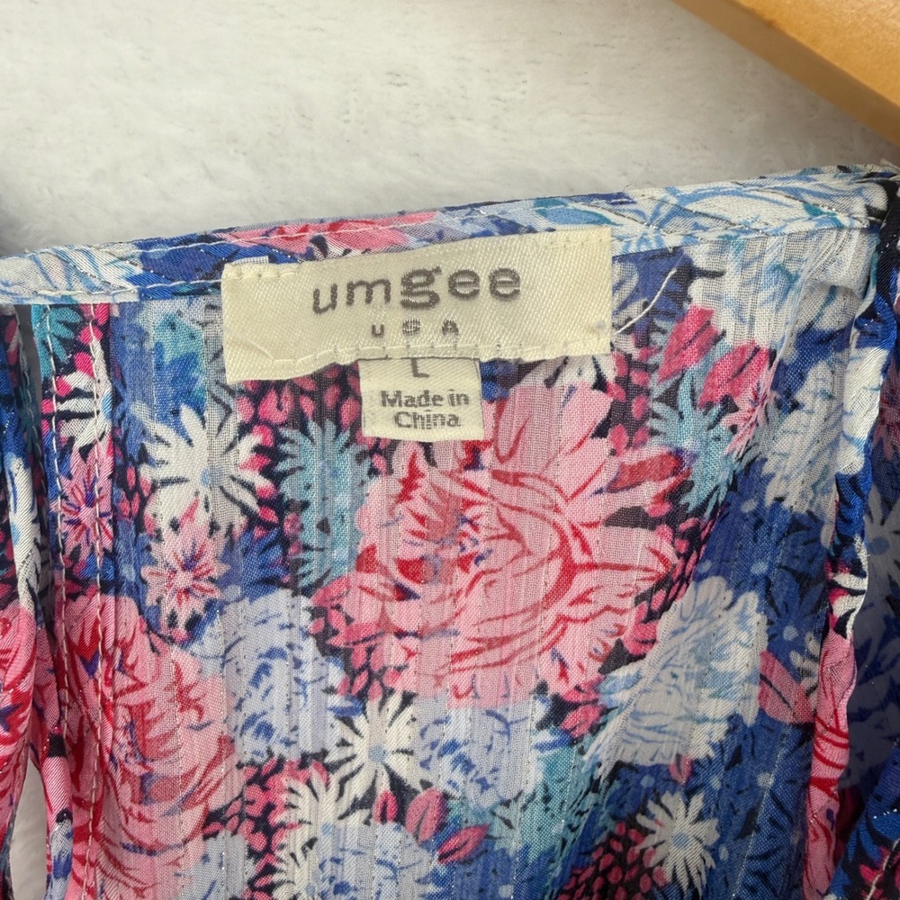 Umgee Floral Blouse Womens Large Blue Pink Metallic Smocked Square Neck Top - Picture 3 of 5